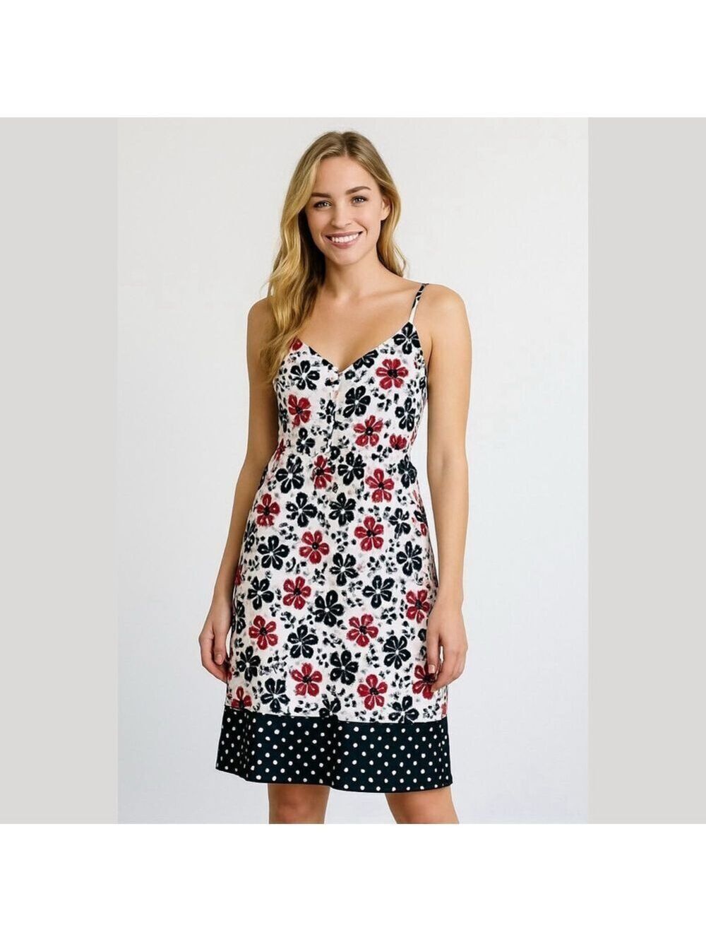 Vintage black white red floral and polkadot spaghetti strap dress Jr size small